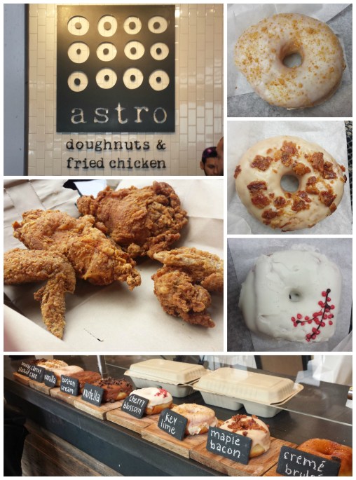 Doughnuts from top to bottom: key lime, maple bacon, cherry blossom | 4 piece white meat fried chicken they were out of dark meat already...)