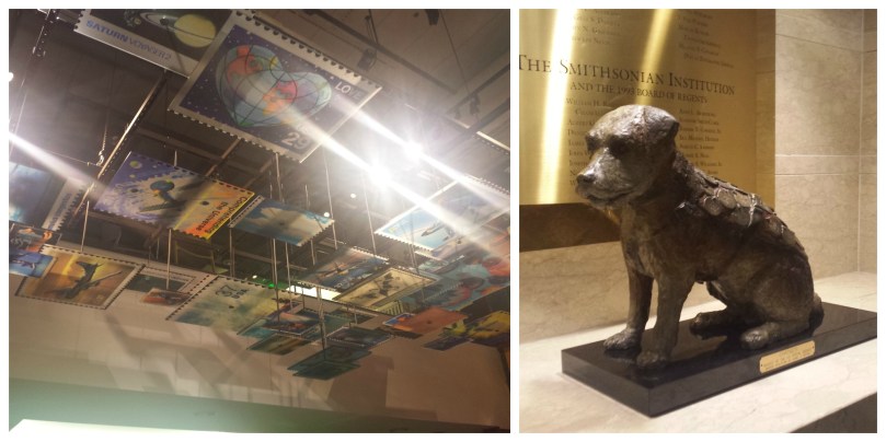 Left: hanging stamp installation | Right: statue of Owney the dog, the official mascot of the USPS