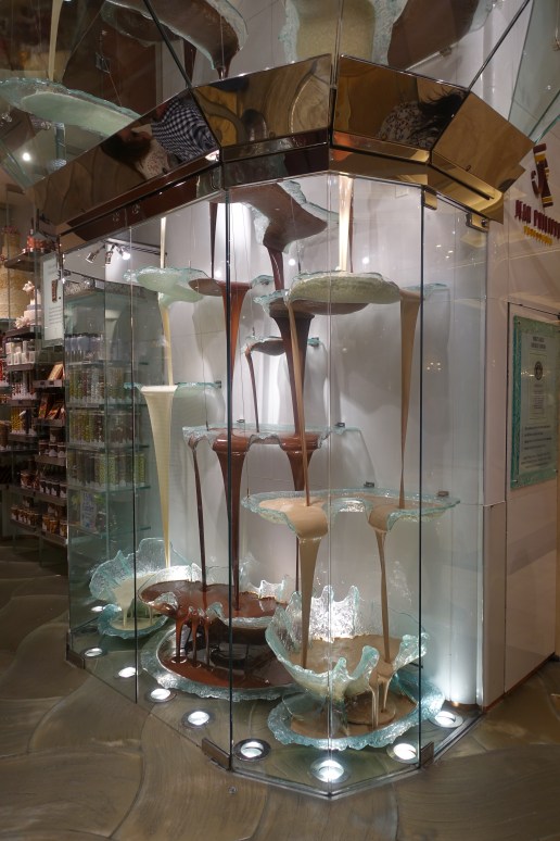 The largest chocolate fountain in the world, from which flows white, milk, and dark chocolate from the ceiling to the floor.