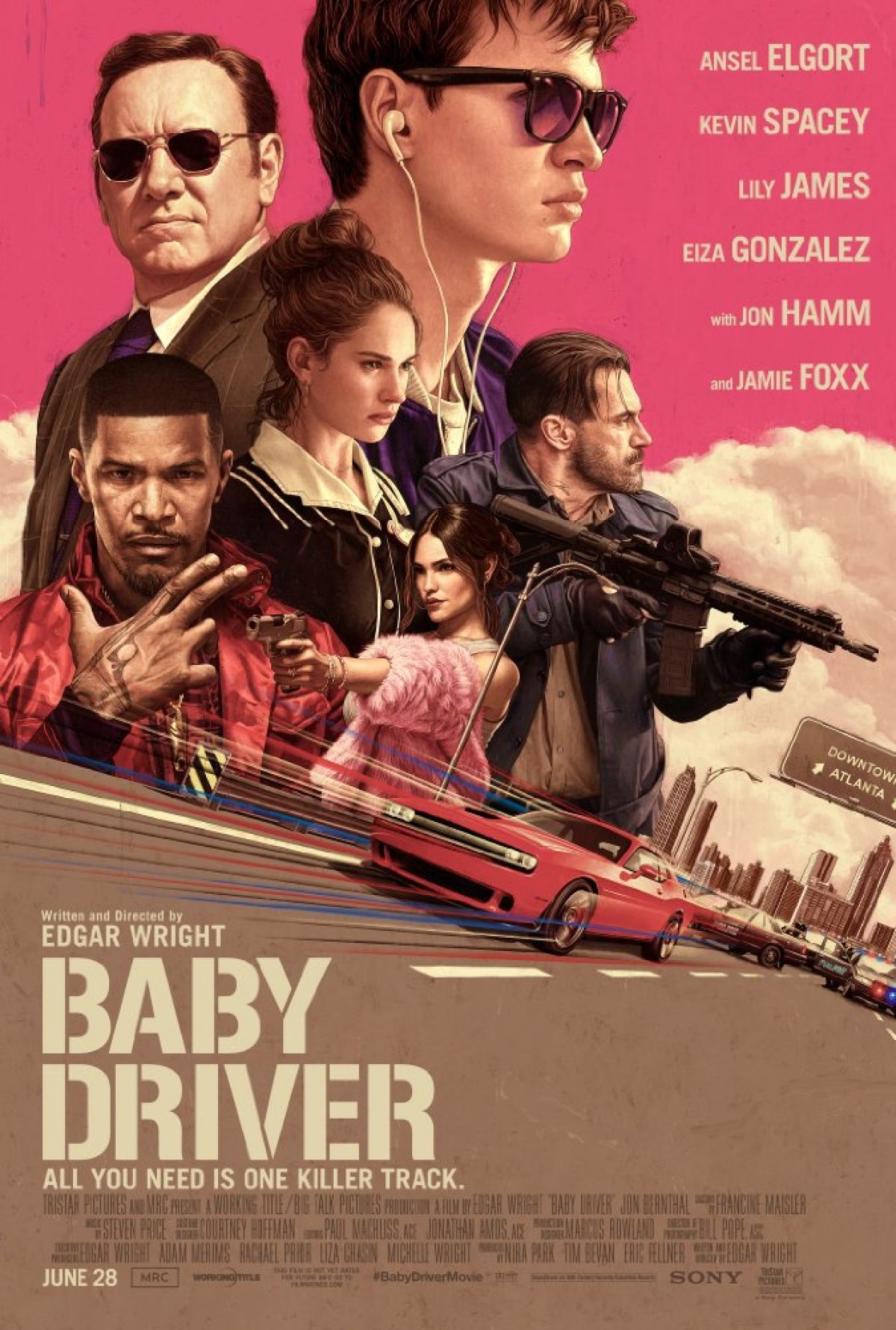 Movie poster for Baby Driver starring Ansel Elgort, Kevin Spacey, Lily James, Eiza Gonzalez Jon Hamm, Jamie Foxx